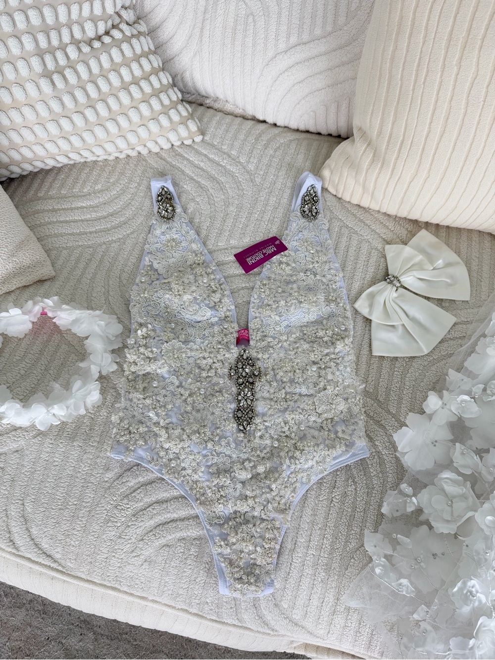 BRIDAL beaded embellished swimsuit with bow pin- hair band & veil - NWT-size S/M